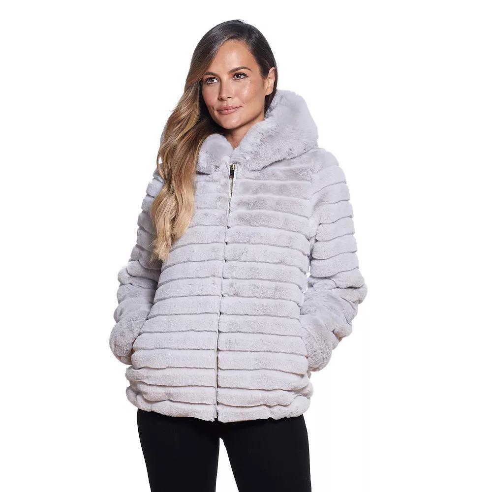 Women's Gallery Hooded Grooved Faux-Fur Jacket, Size: Small, Black Product Image