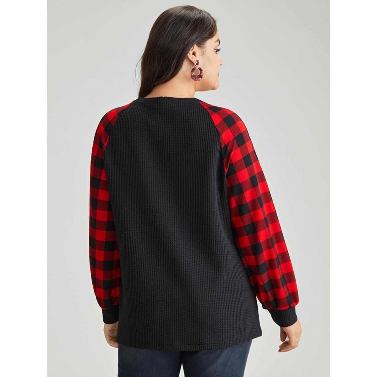 Plus Size Waffle Knit Plaid Patchwork Raglan Sleeve T-shirt Black Women Casual Waffle Knit Plaid V-neck Festival-Christmas T-shirts BloomChic 30/6X Product Image