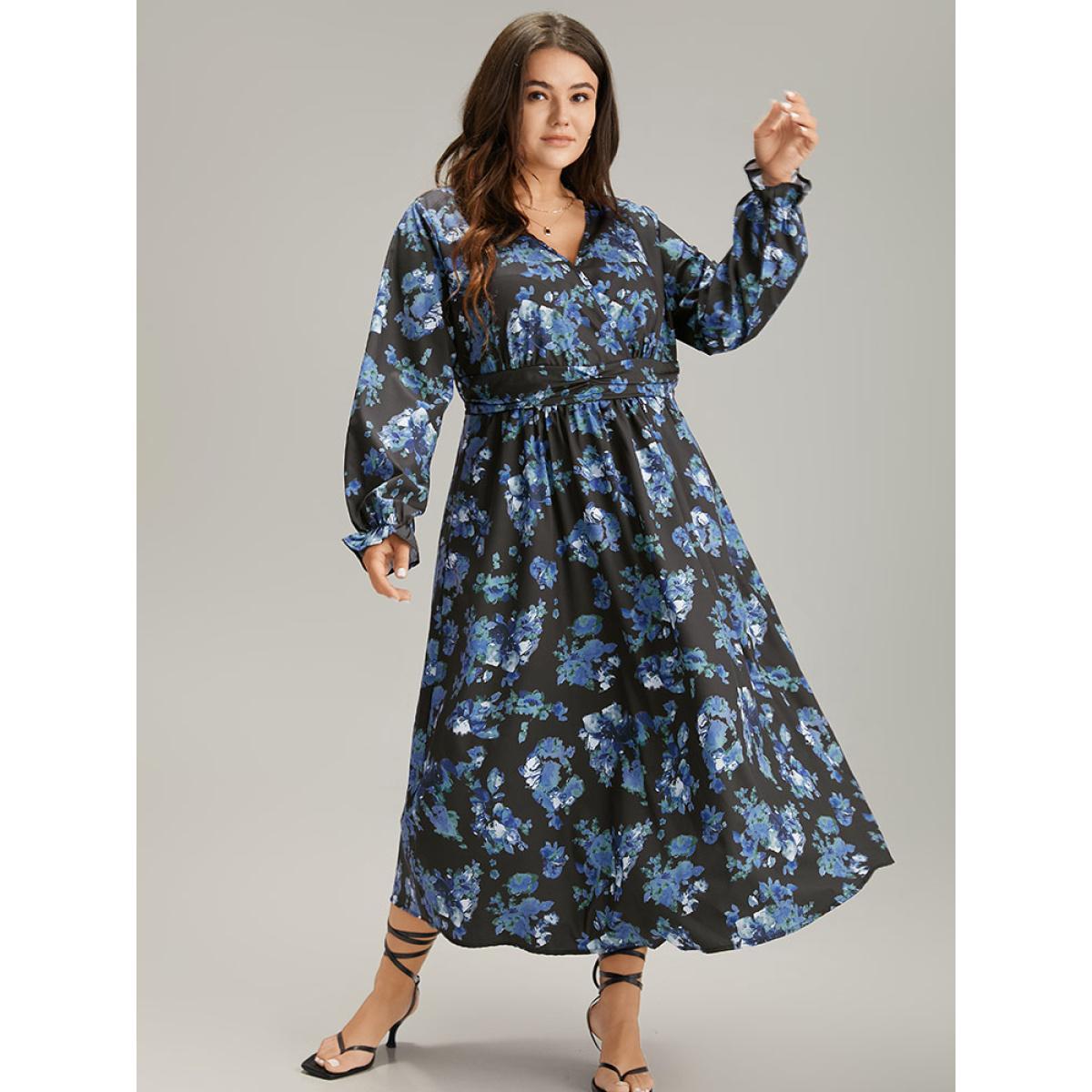 Plus Size Silhouette Floral Print Wrap Pocket Dress Black Women Elegant Gathered V-neck Long Sleeve Curvy Midi Dress BloomChic 28/5X Product Image