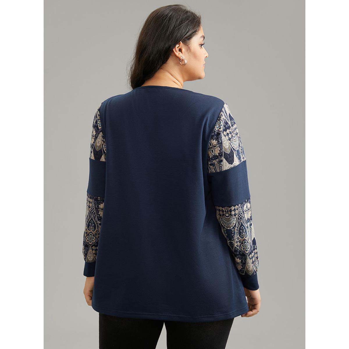 Plus Size Boho Print Patchwork Round Neck Sweatshirt Women DarkBlue Casual Printed Round Neck Dailywear Sweatshirts BloomChic 12/L Product Image