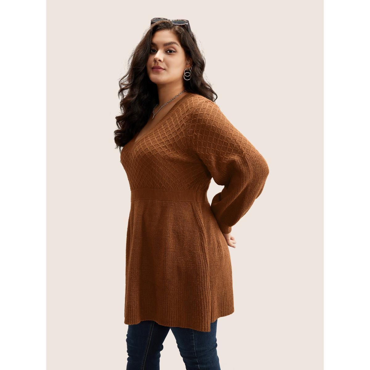 Plus Size Plain Plisse Lantern Sleeve A Line Pullover Chocolate Women Elegant Long Sleeve V-neck Everyday Pullovers BloomChic 14-16/1X Product Image
