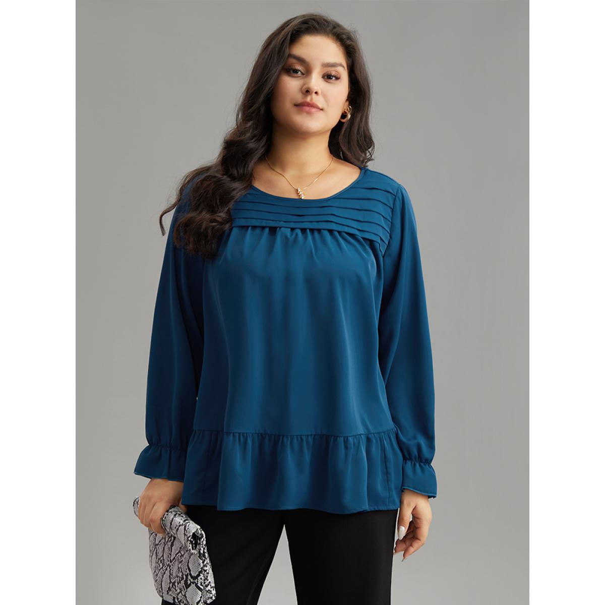 Plus Size Aegean Static-Free Plain Pleated Ruffles Lantern Sleeve Blouse Women Office Long Sleeve Round Neck Work Blouses BloomChic 26/4X Product Image