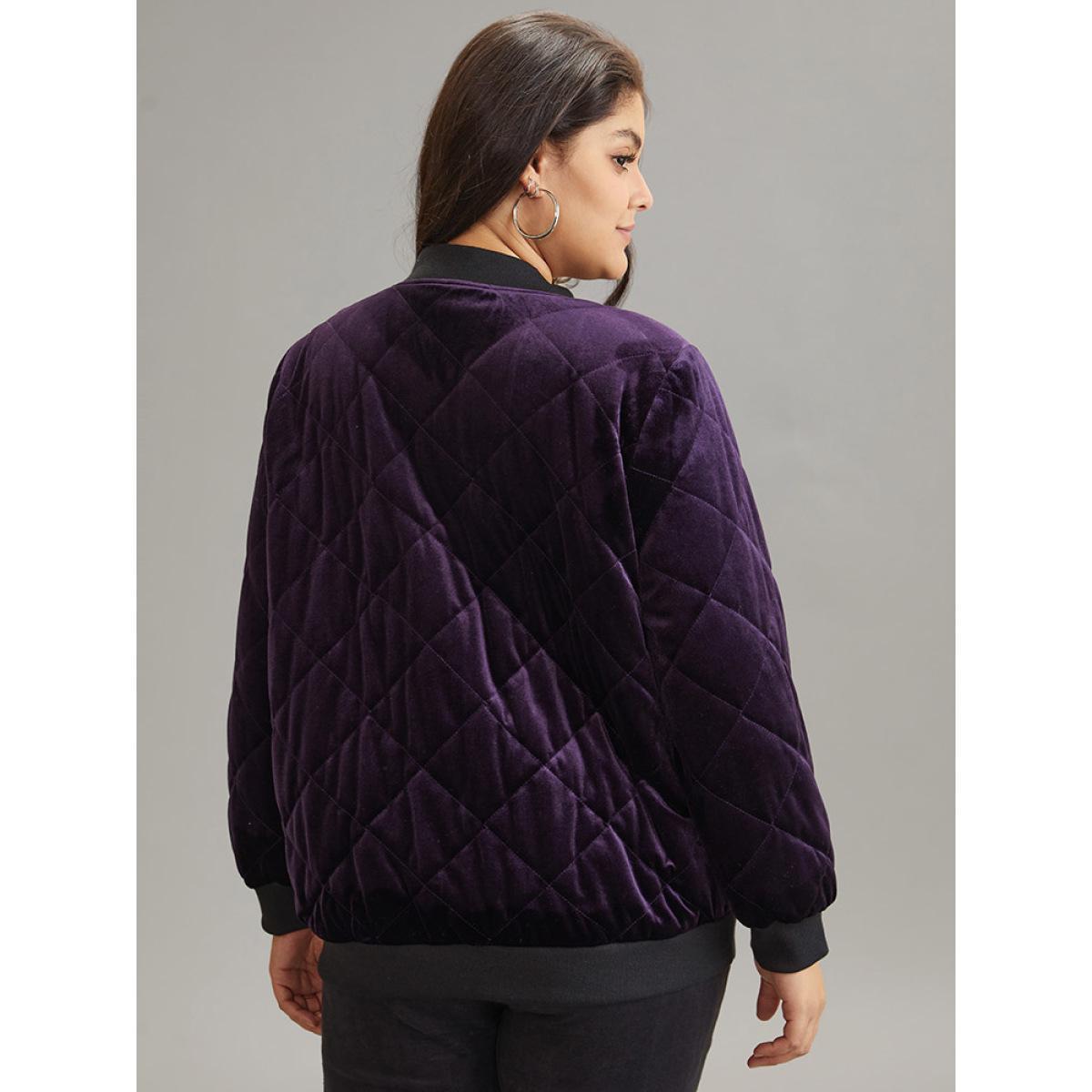 Plus Size Velvet Zipper Fly Pocket Quilted Padded Jacket Women Eggplant Velvet Pocket Dailywear Jackets BloomChic 14-16/1X Product Image
