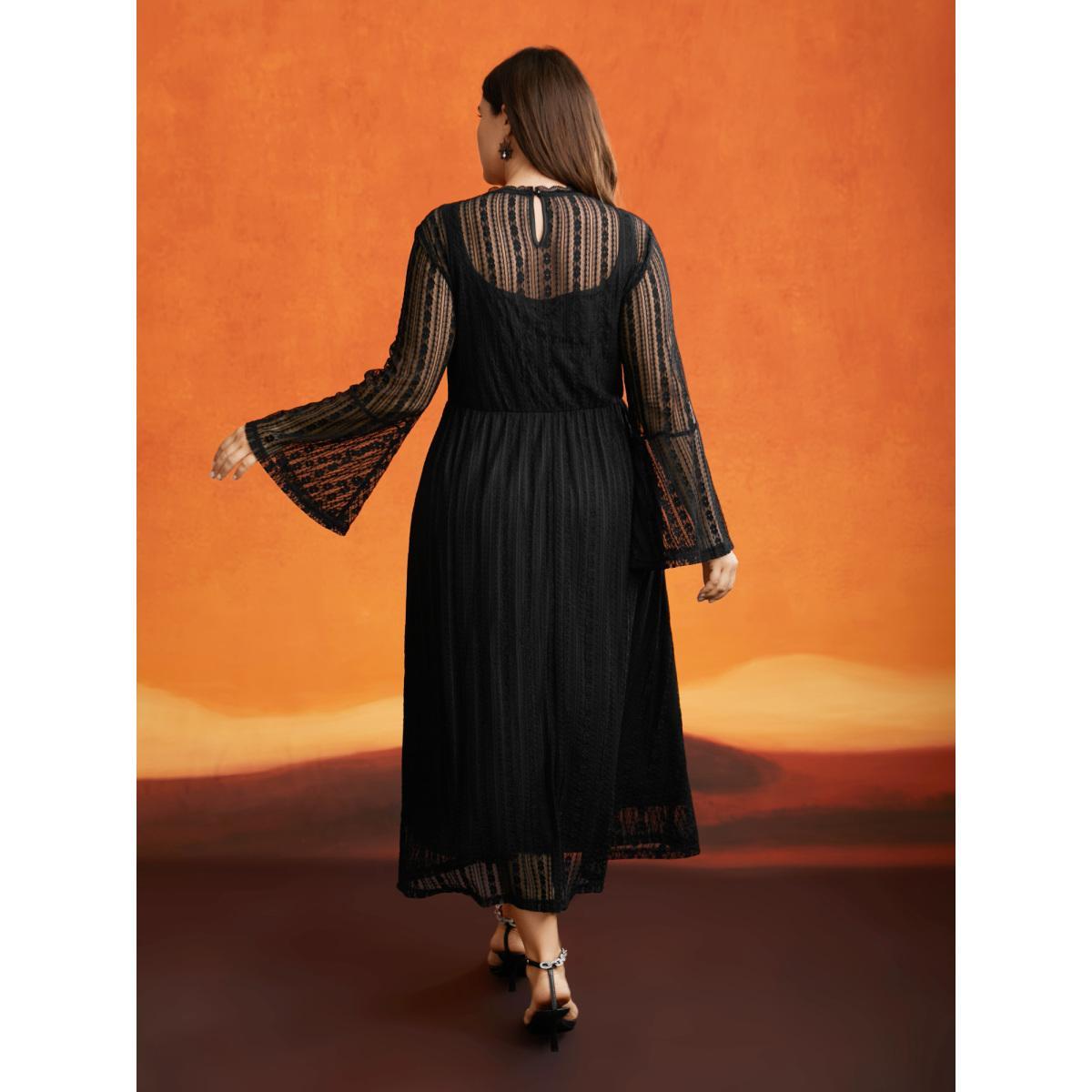 Plus Size Spellbound Halter Neck Sheer Midi Dress Black Women Cocktail Woven ribbon&lace trim Party Curvy Bloomchic 12/L Product Image