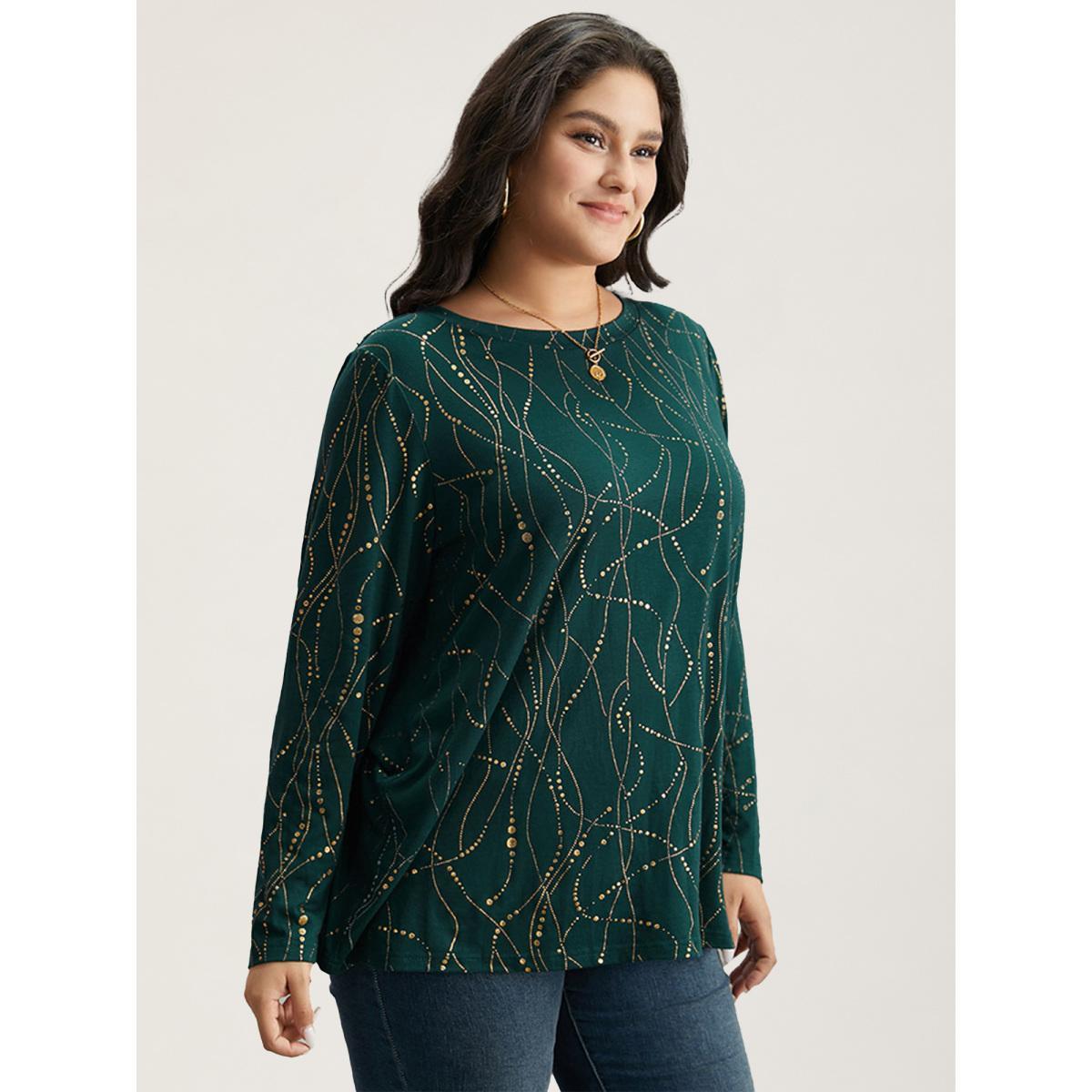 Plus Size Polka Dot Contrast Round Neck T-shirt DarkGreen Women Casual Contrast Polka Dot Round Neck Dailywear T-shirts BloomChic 22-24/3X Product Image