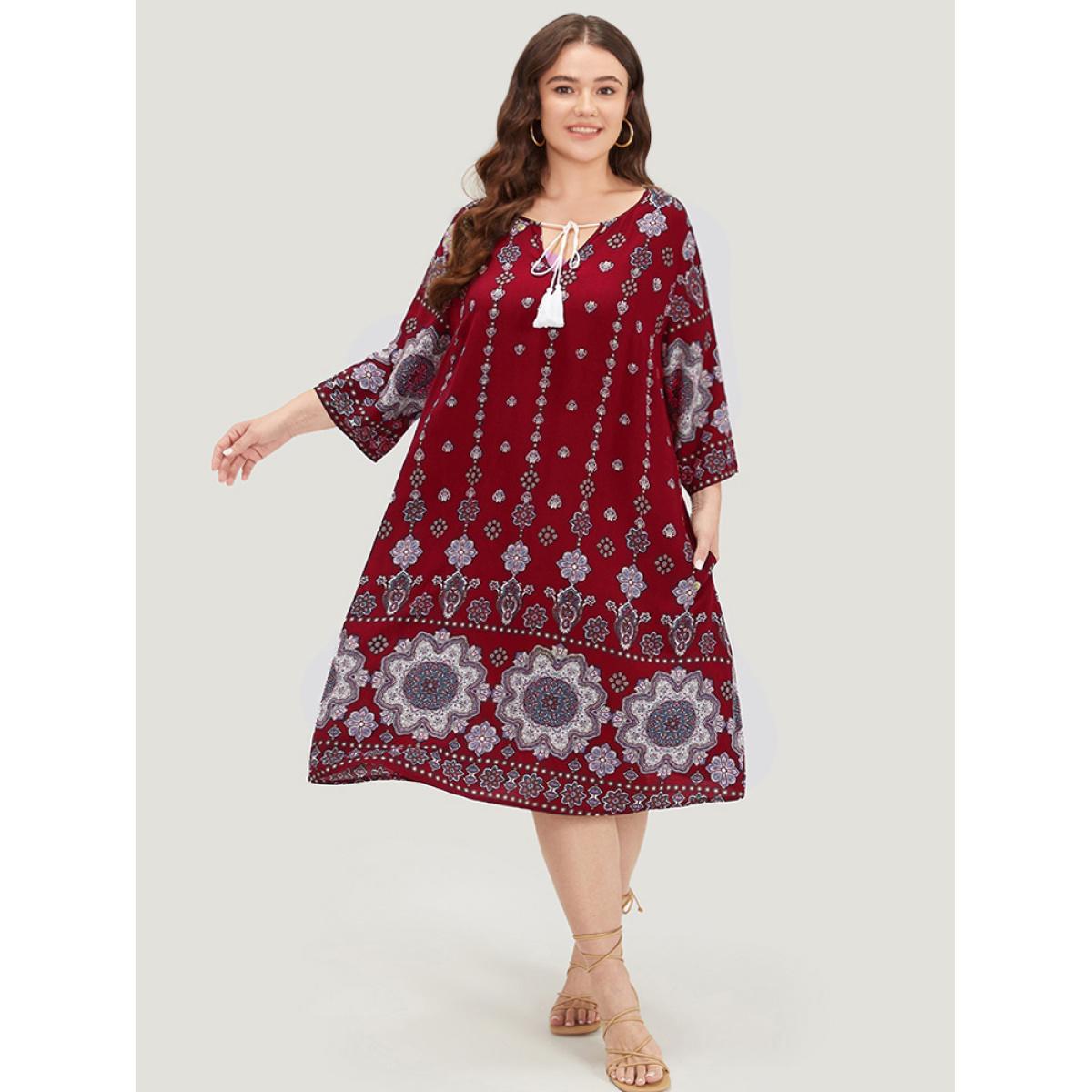 Plus Size Bandana Print Ties Pocket Tassels Detail Dress Scarlet Women Vacation Tassels V-neck Elbow-length sleeve Curvy Midi Dress BloomChic 26/4X Product Image