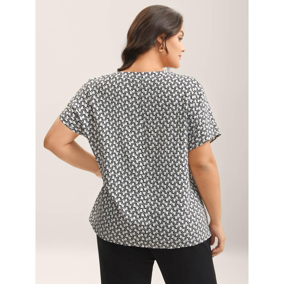 Plus Size Black Geometric Print Notched Collar Blouse Women Short sleeve Notched collar Work Blouses BloomChic 12/L Product Image