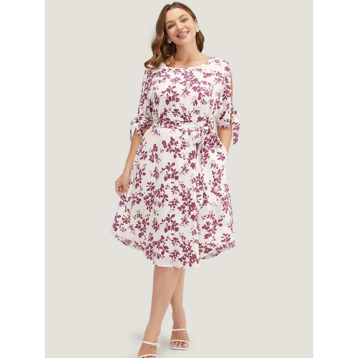 Plus Size Floral Cold Shoulder Pocket Belted Arc Hem Knotted Sleeve Dress Mauve Women Elegant Lined Cold Shoulder Short sleeve Curvy Midi Dress BloomChic 30/6X Product Image
