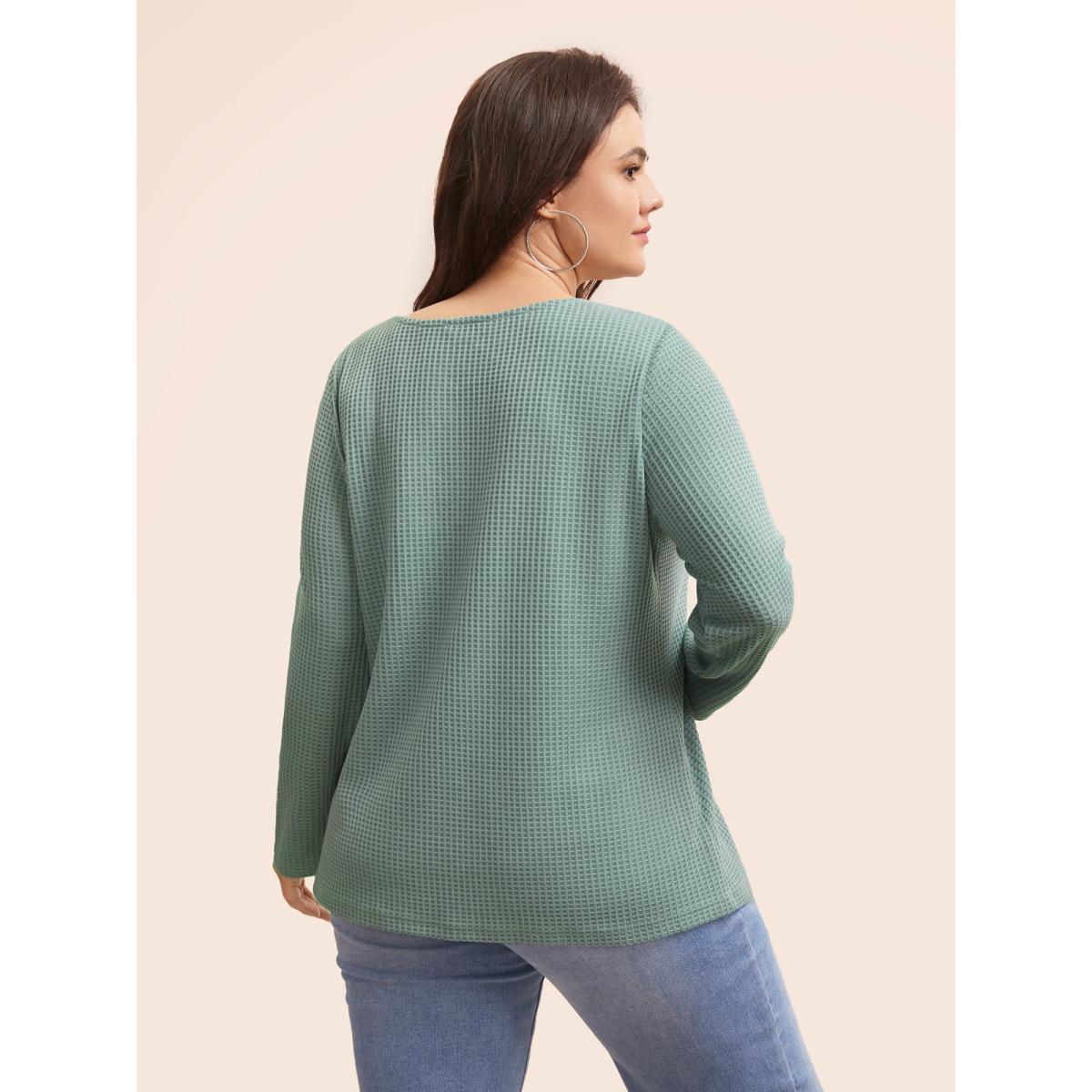 Plus Size Solid Waffle Knit Round Neck T-shirt Teal Women Casual Texture Round Neck Everyday T-shirts BloomChic 30/6X Product Image