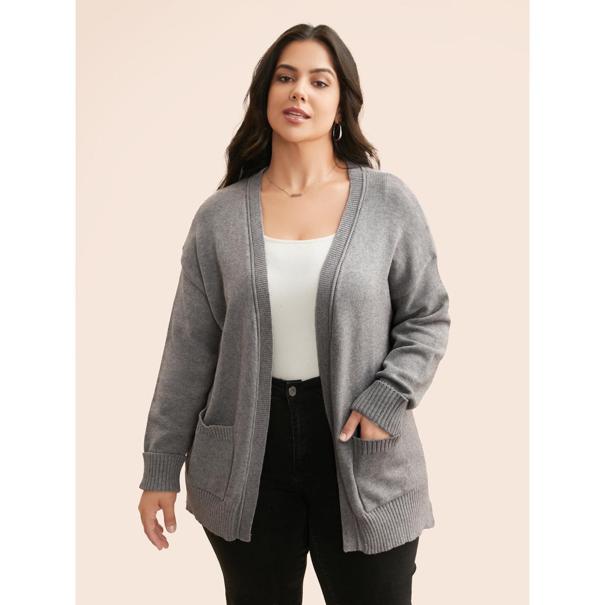 Plus Size Supersoft Essentials Open Pockets Cardigan DimGray Women Basics Loose Long Sleeve Everyday Cardigans BloomChic 28/5X Product Image