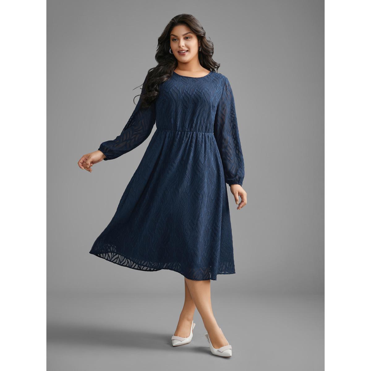 Plus Size Textured Chiffon Lantern Sleeve Midi Dress DarkBlue Women At the Office Texture Round Neck Long Sleeve Curvy BloomChic 26/4X Product Image