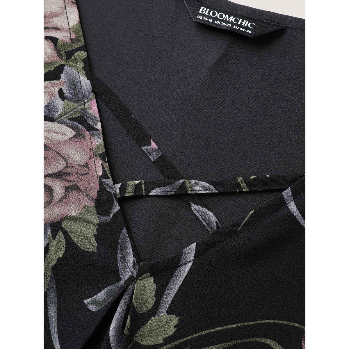 Plus Size Black Chiffon Floral Crisscross Hanky Hem Blouse Women Elegant Short sleeve V-neck Everyday Blouses BloomChic 14-16/1X Product Image