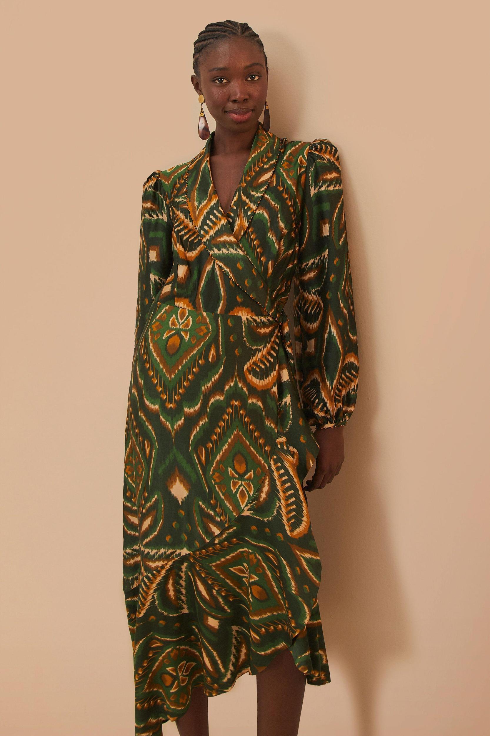 Green Pineapple Ikat Long Sleeve Midi Dress, PINEAPPLE IKAT GREEN / S Product Image