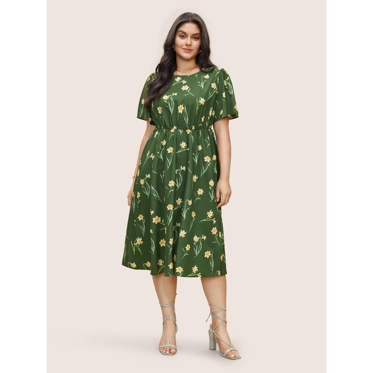 Plus Size Floral Print Gathered Elastic Waist Midi Dress Moss Women Elegant Non Round Neck Short sleeve Curvy Midi Dress BloomChic 18-20/2X Product Image