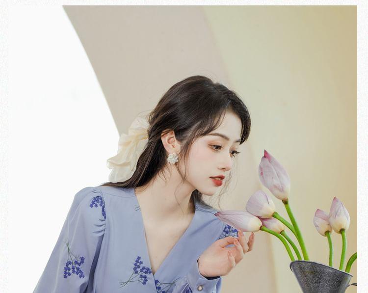 Long Sleeve V-Neck Floral Embroidered Midi A-Line Wrap Dress Product Image