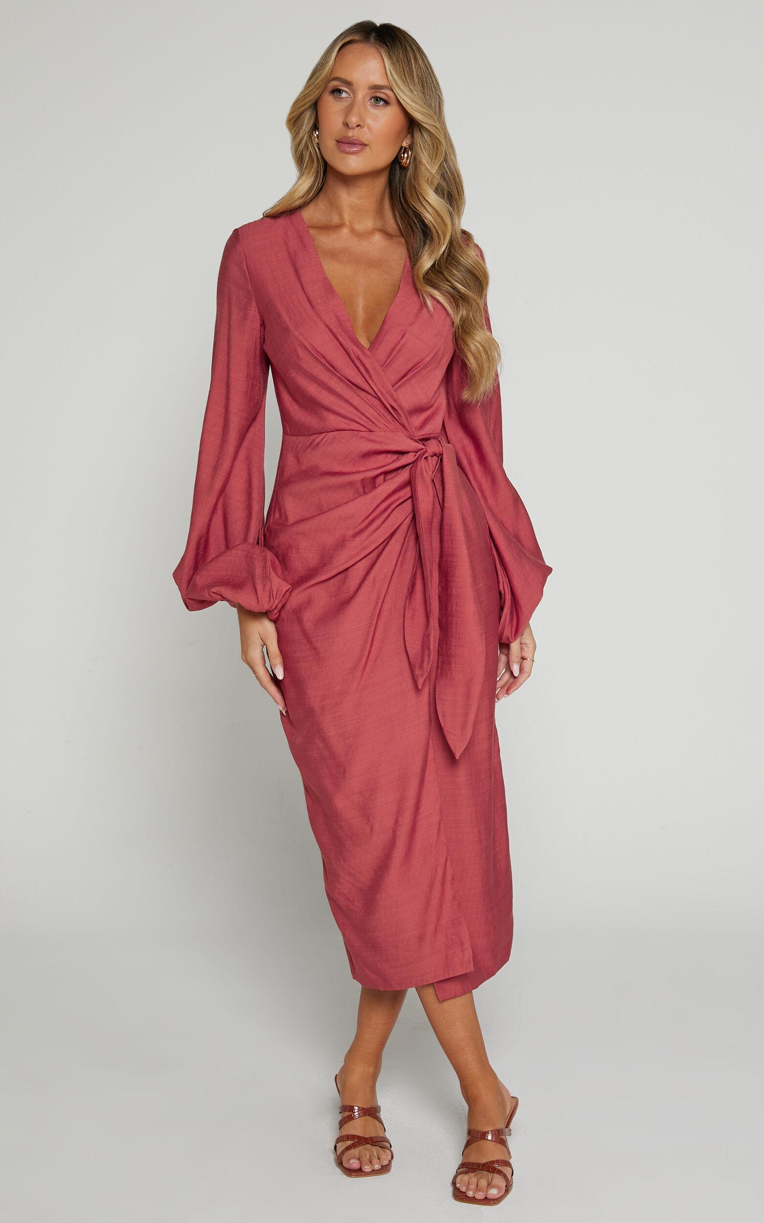 Taylor Midi Dress - Long Sleeve Wrap Dress in Clay Product Image