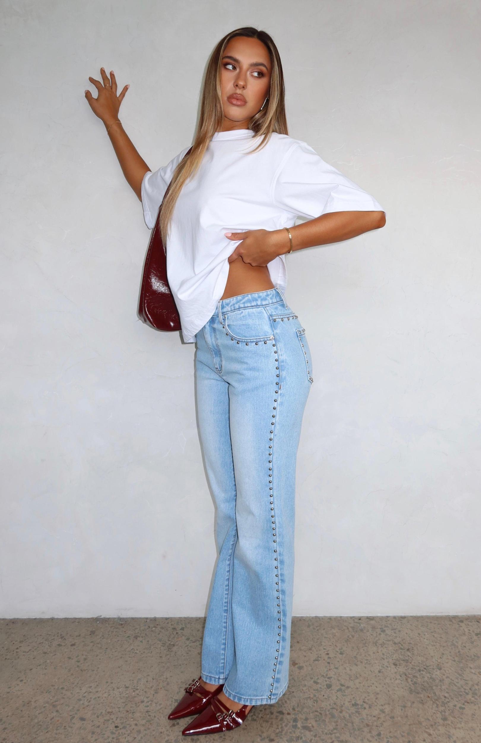 Unmatched Studded Mid Rise Straight Leg Jeans Cerulean Wash Product Image