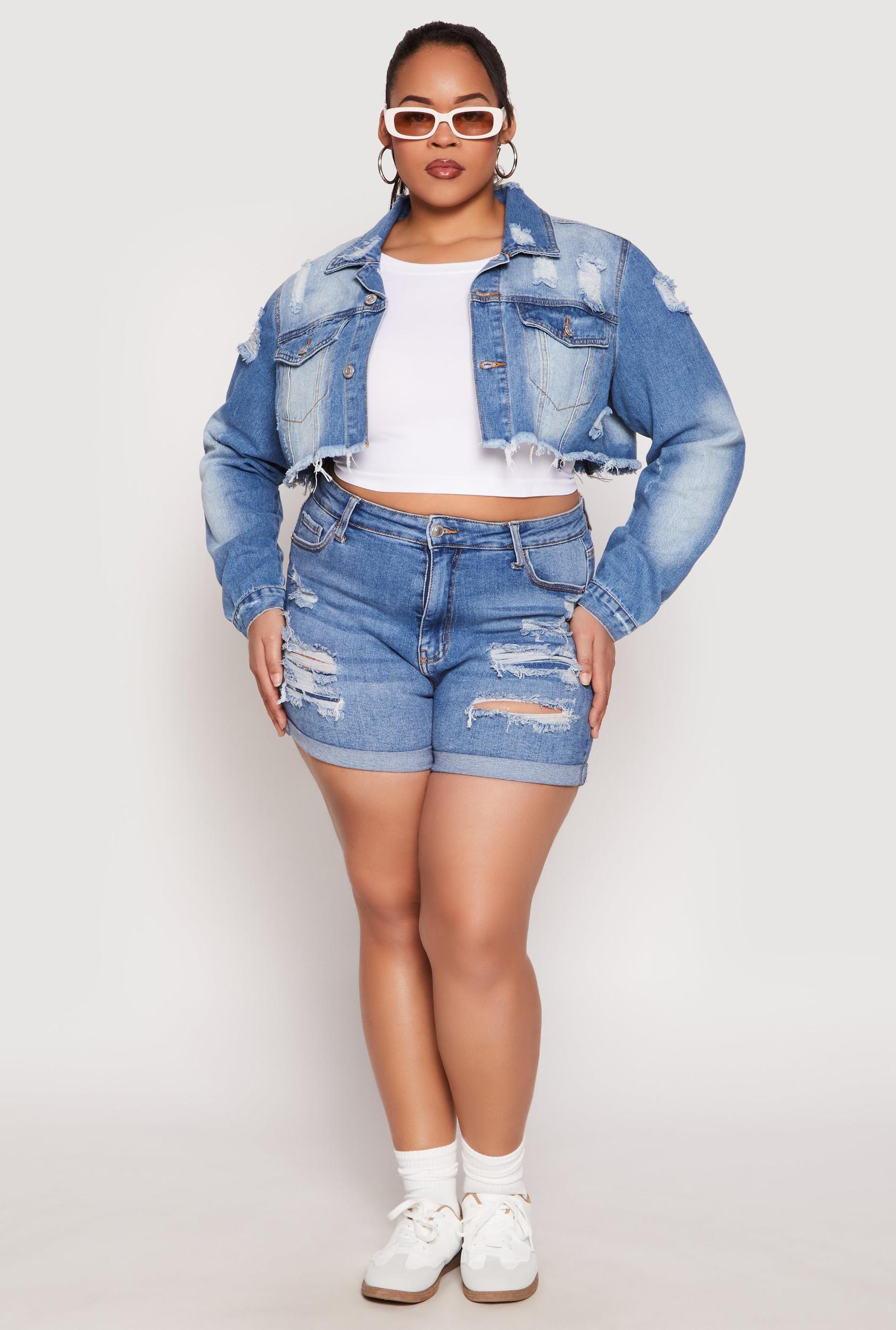 Womens Plus Size Distressed Denim Jacket Product Image