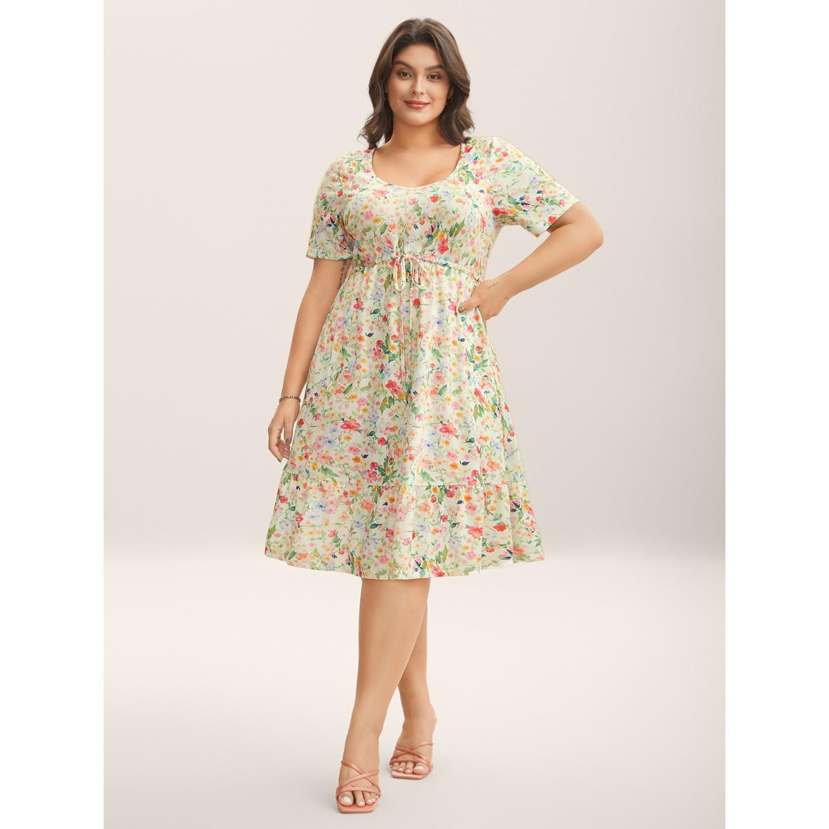 Plus Size Ditsy Floral Print Waist Tie Midi Dress Multicolor Women V-neck Short sleeve Curvy BloomChic 18-20/2X Product Image