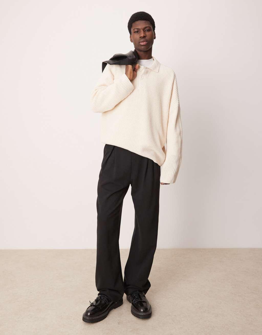 ASOS DESIGN super oversized boxy fit ribbed knit polo in ecru Product Image