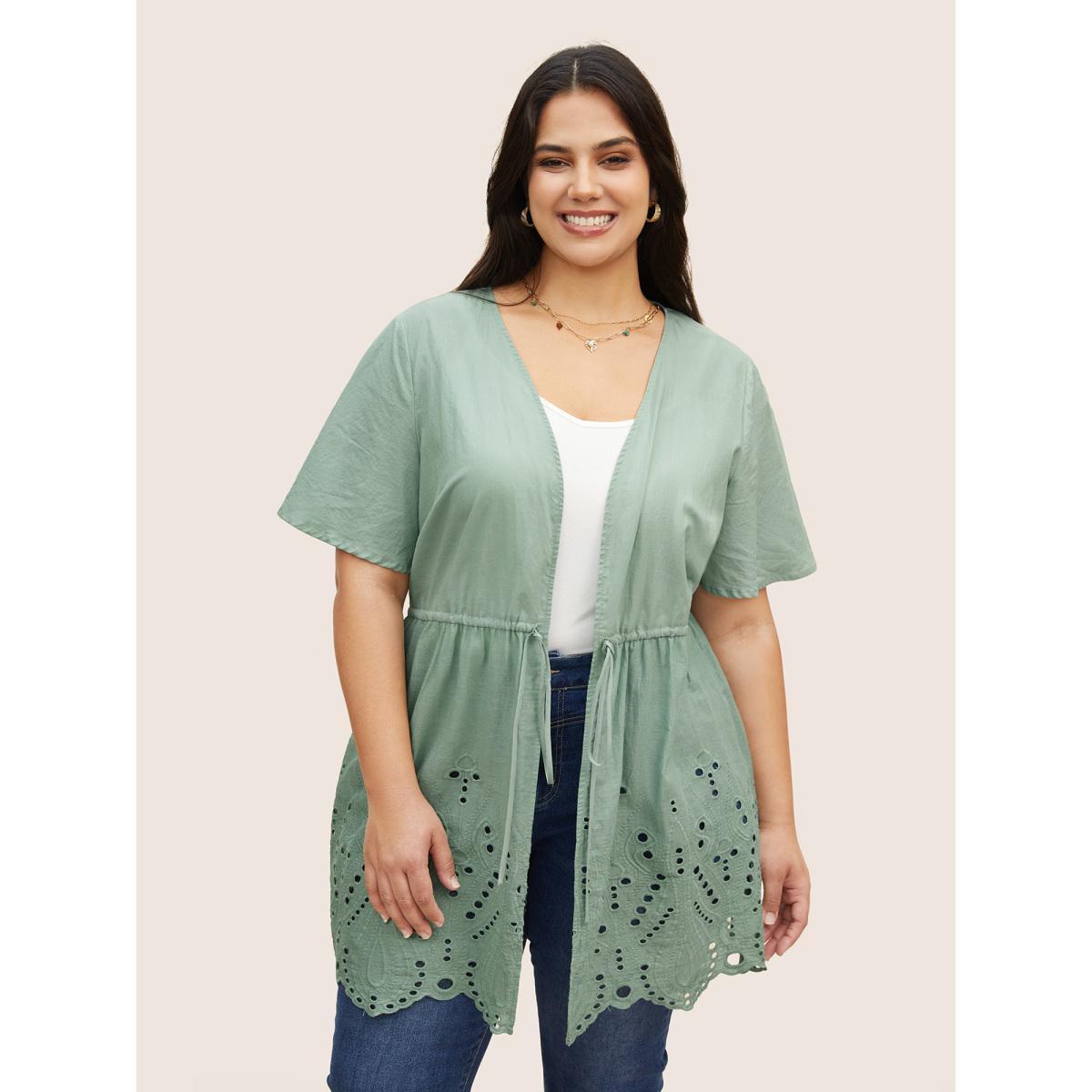 Plus Size Plain Broderie Anglaise Drawstring Kimono Women Mint Resort Embroidered Vacation Kimonos BloomChic 10/M Product Image