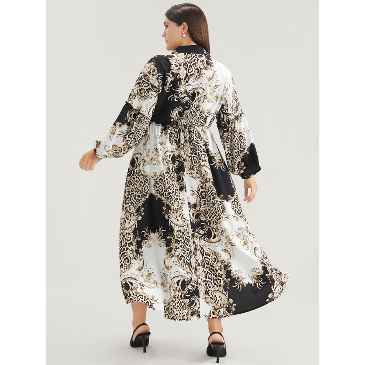 Plus Size Leopard Pocket Button Detail Lantern Sleeve Split Dress Black Women Office Pocket Shirt collar Long Sleeve Curvy Long Dress BloomChic 22-24/3X Product Image