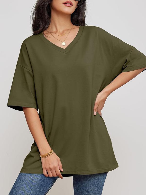 Short Sleeves Solid Color Split-Joint V-Neck T-Shirts Product Image