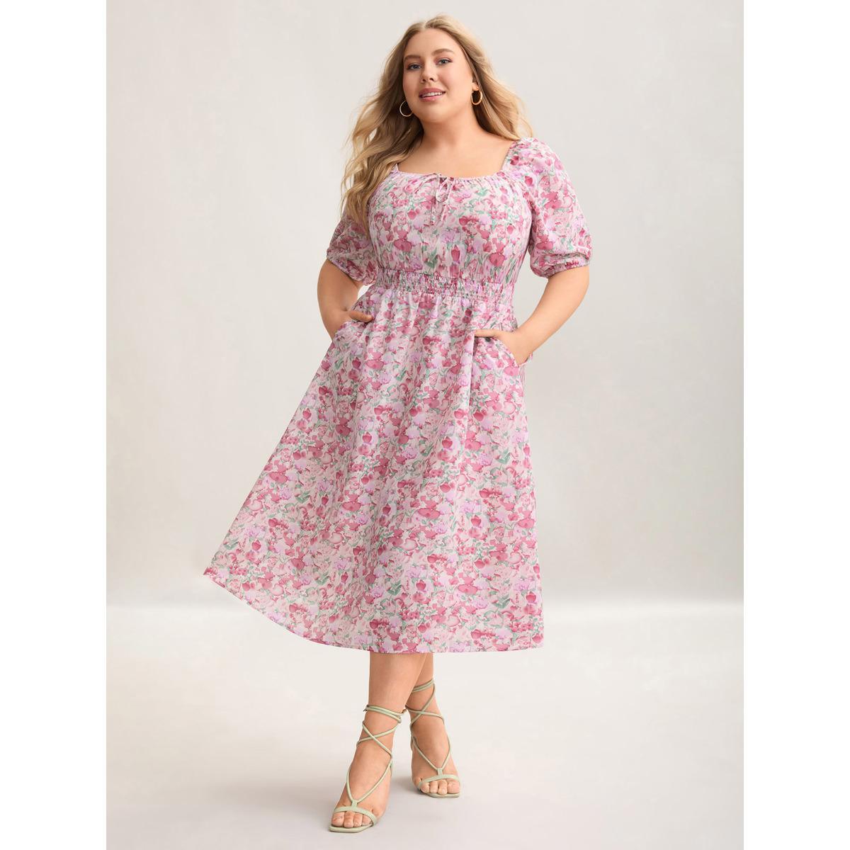 Plus Size Floral Print Shirred Waist Pockets Midi Dress Blush Women Elegant Tie knot Square Neck Half Sleeve Curvy BloomChic 30/6X Product Image