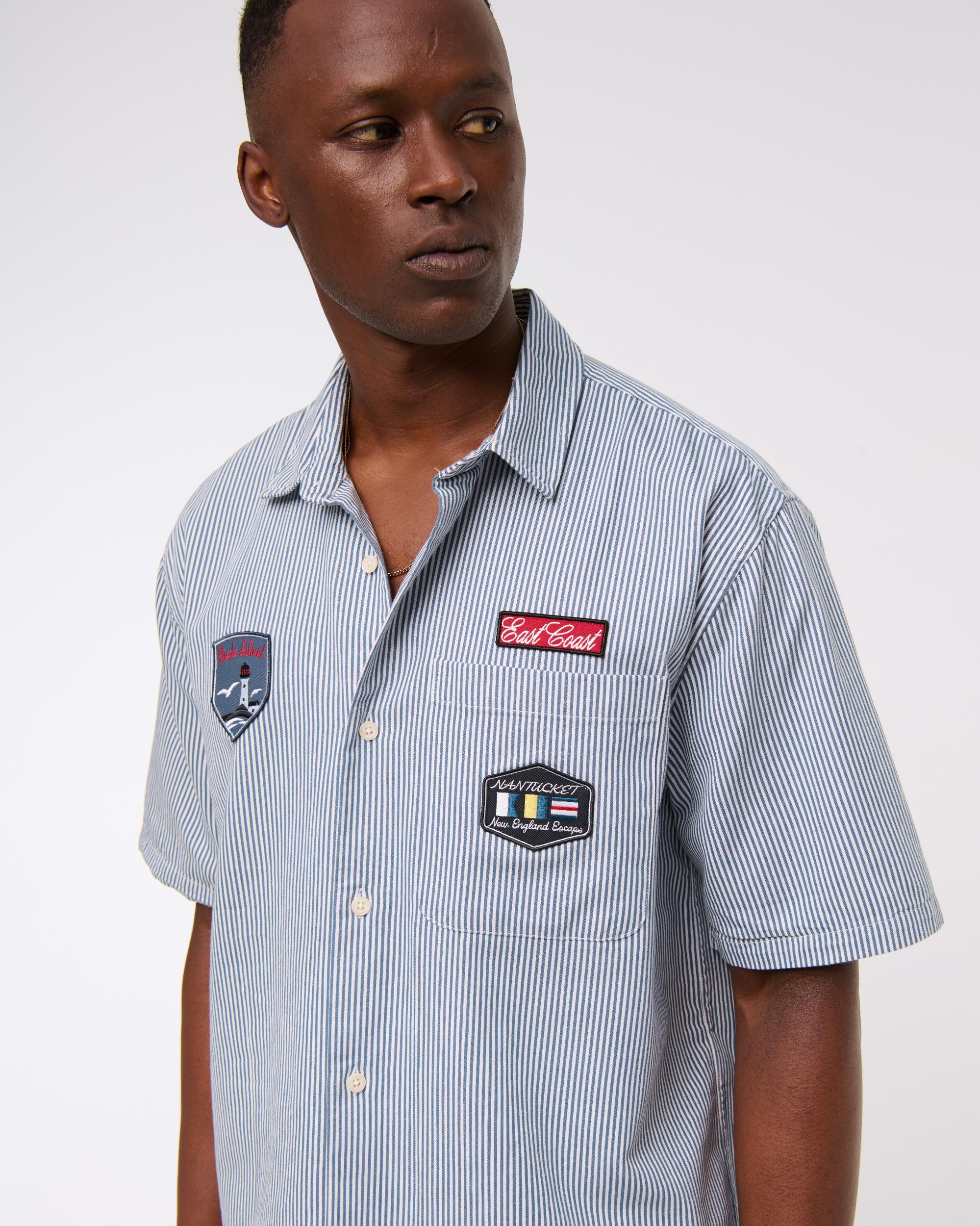 Short-Sleeve Cropped Graphic Workwear Button-Up Shirt Product Image
