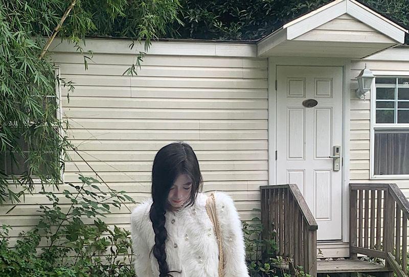 V-Neck Furry Beaded Crop Cardigan Product Image