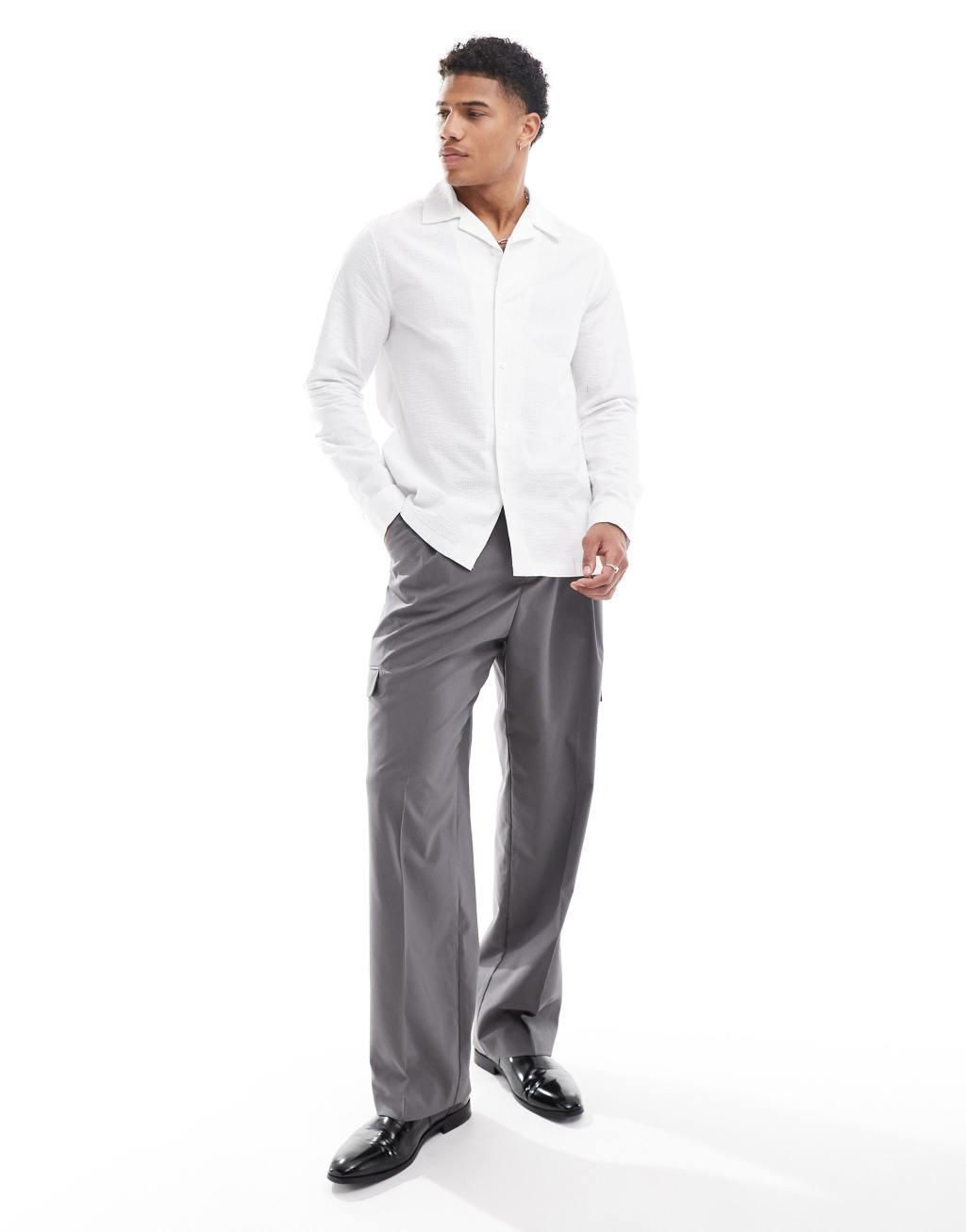 ASOS DESIGN regular seersucker shirt with wide camp collar in white Product Image