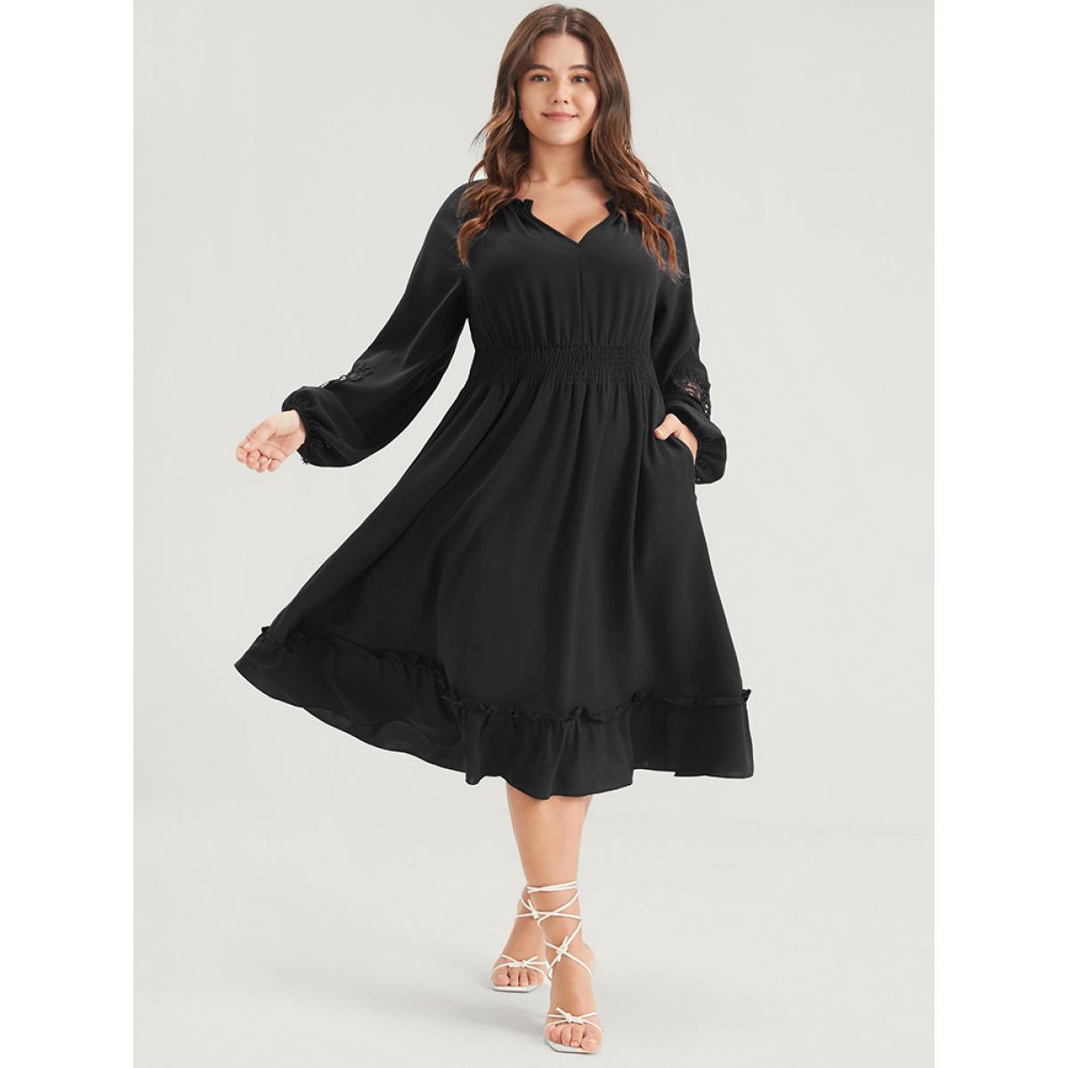 Plus Size Solid Pocket Crochet Lace Lantern Sleeve Ruffle Shirred Midi Dress Black Women Dating Plain V-neck Long Sleeve Curvy Midi Dress BloomChic 18-20/2X Product Image