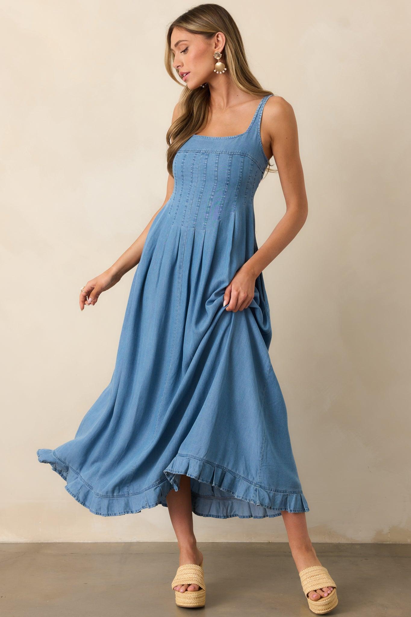 Cascading Echoes Blue Chambray Maxi Dress Product Image