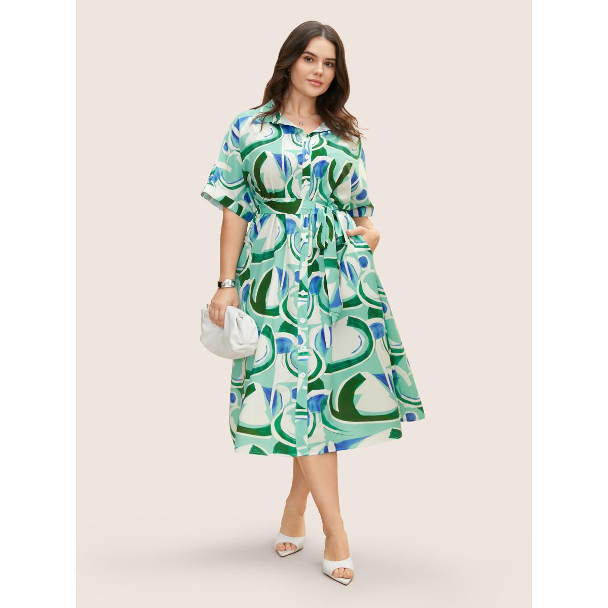 Plus Size Geometric Elastic Waist Drop Shoulder Sleeve Midi Dress Arctic Women At the Office Belted Shirt collar Short sleeve Curvy BloomChic 18-20/2X Product Image