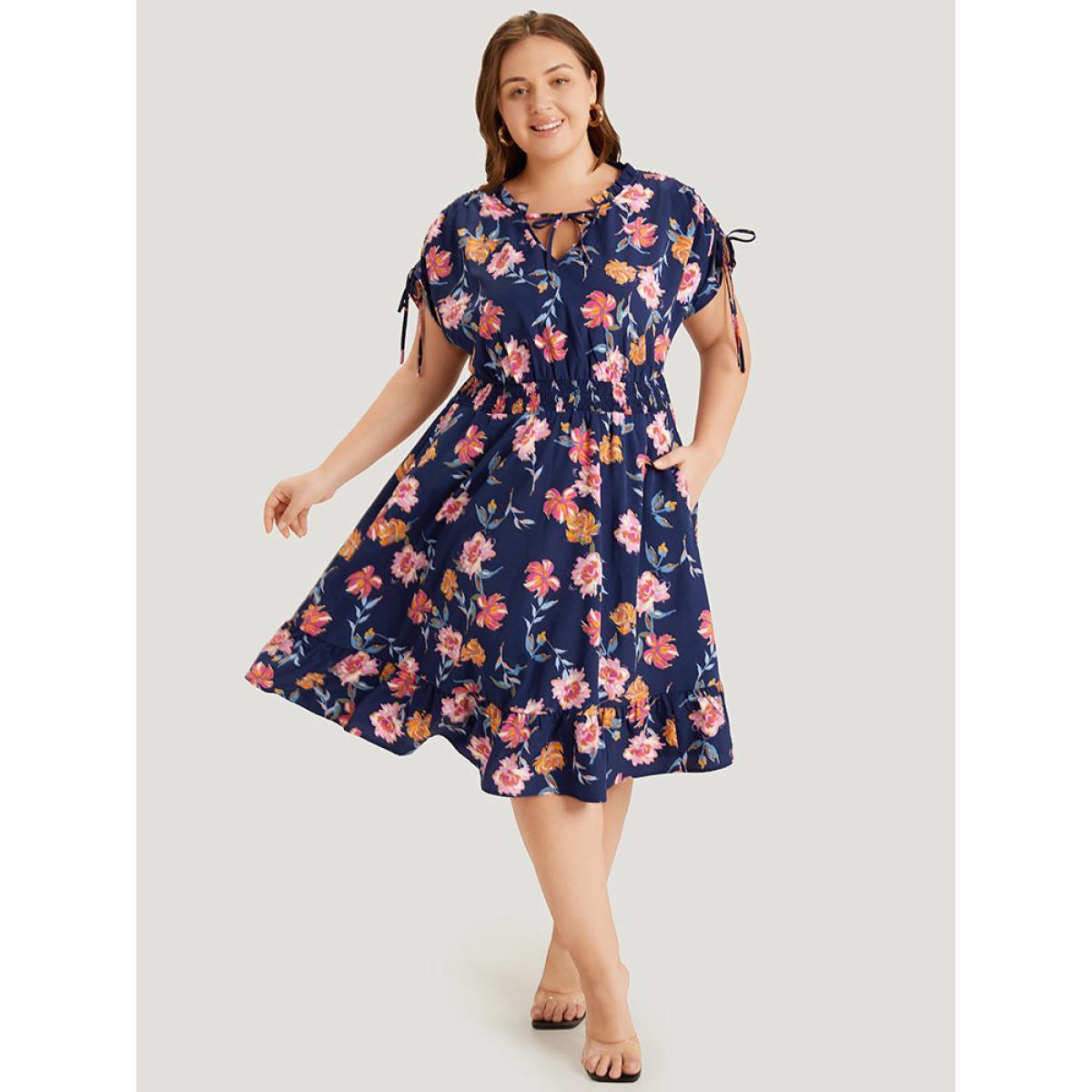 Plus Size Floral Knot Neck Drawstring Dolman Sleeve Shirred Dress Navy Women Elegant Frill Trim V-neck Short sleeve Curvy Midi Dress BloomChic 26/4X Product Image