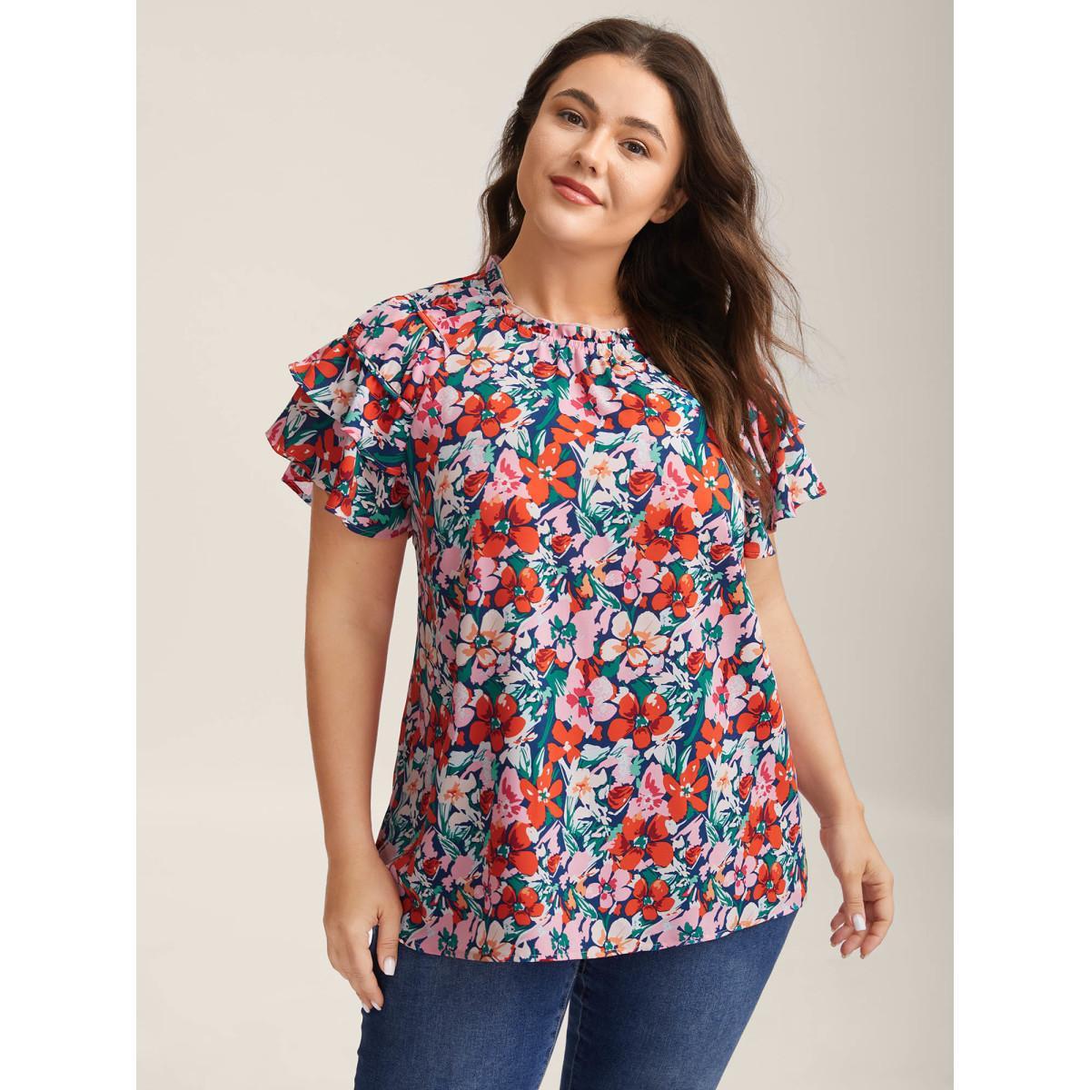 Plus Size Multicolor Groovy Floral Print Ruffled Layered Sleeve Blouse Women Short sleeve Round Neck Everyday-Casual Blouses BloomChic 18-20/2X Product Image