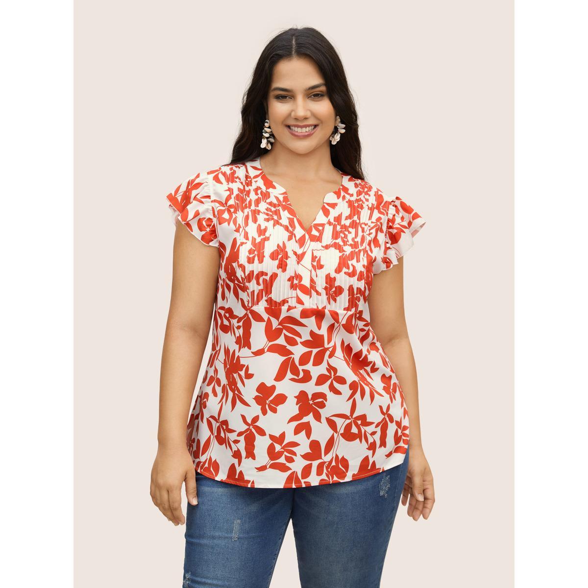 Plus Size OrangeRed Silhouette Floral Print Notched Collar Pleated Blouse Women Resort Cap Sleeve Notched collar Vacation Blouses BloomChic 14-16/1X Product Image