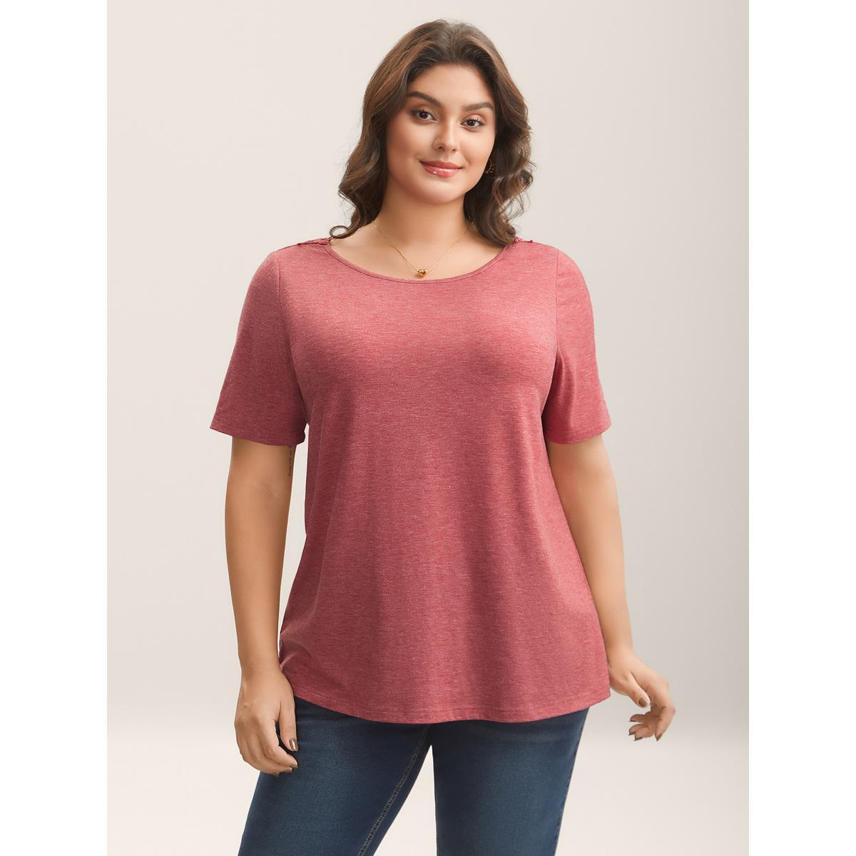 Plus Size Stretchy Floral Backless Plain T-Shirt Russet Women Woven ribbon&lace trim Round Neck Everyday-Elegant T-shirts BloomChic 30/6X Product Image