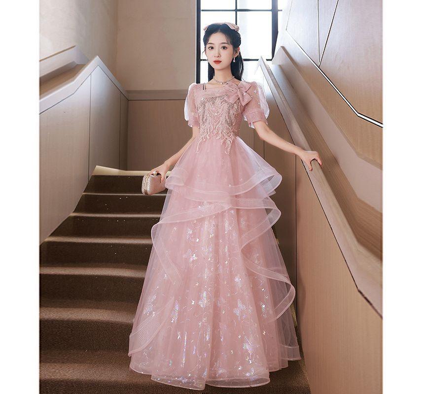 Short-Sleeve Square Neck Mesh A-Line Evening Gown Product Image