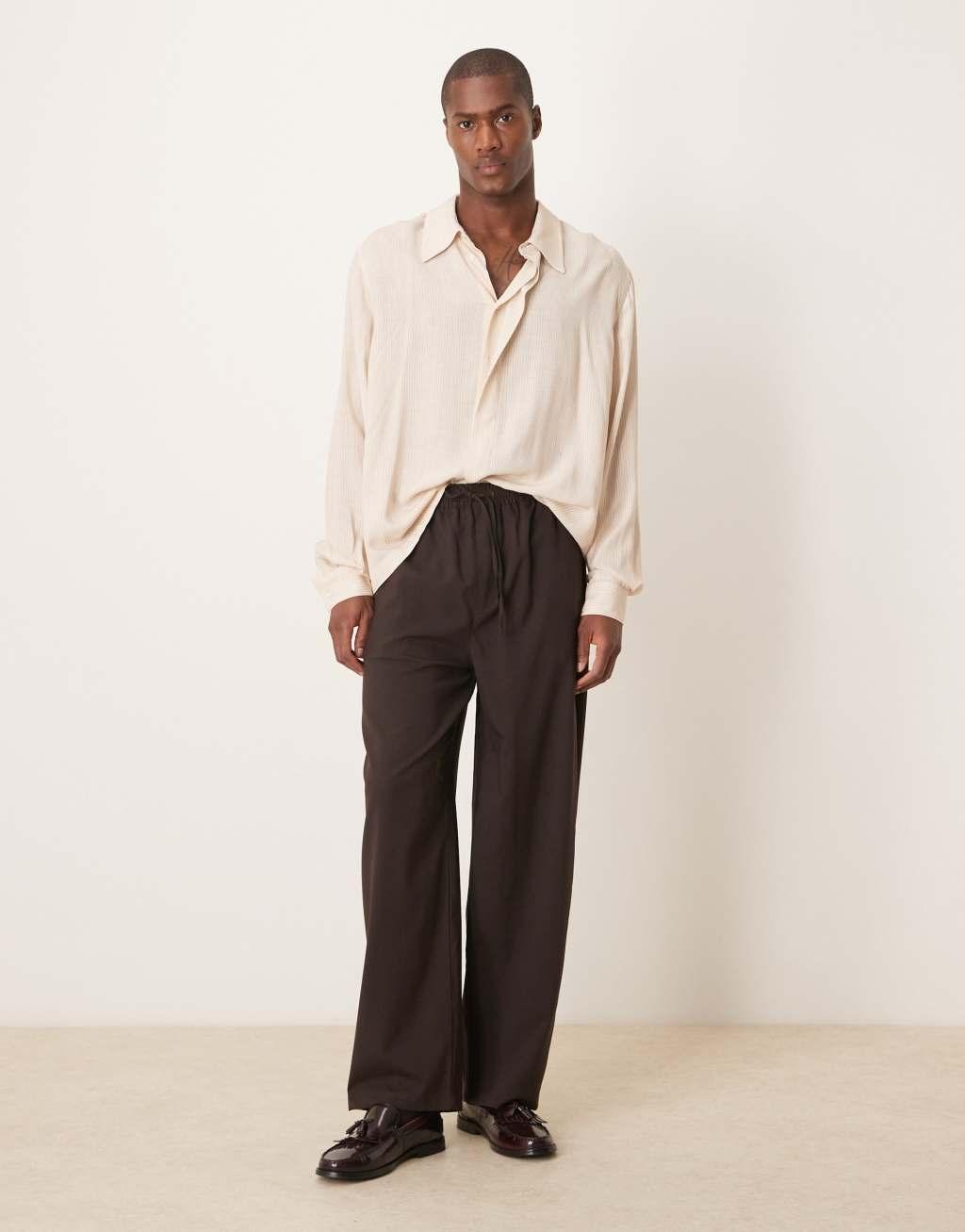 ASOS DESIGN relaxed boxy shirt with 70s collar in brown stripe Product Image