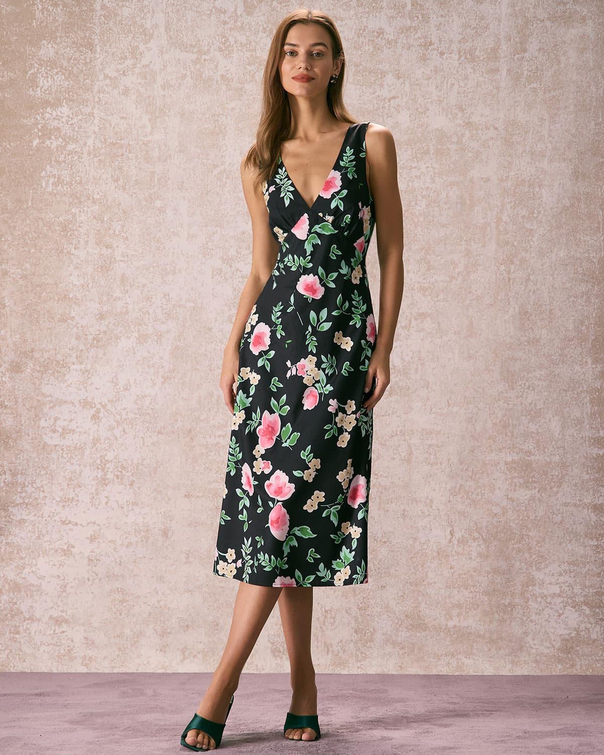 The Black V Neck Tie Back Floral Midi Dress Product Image