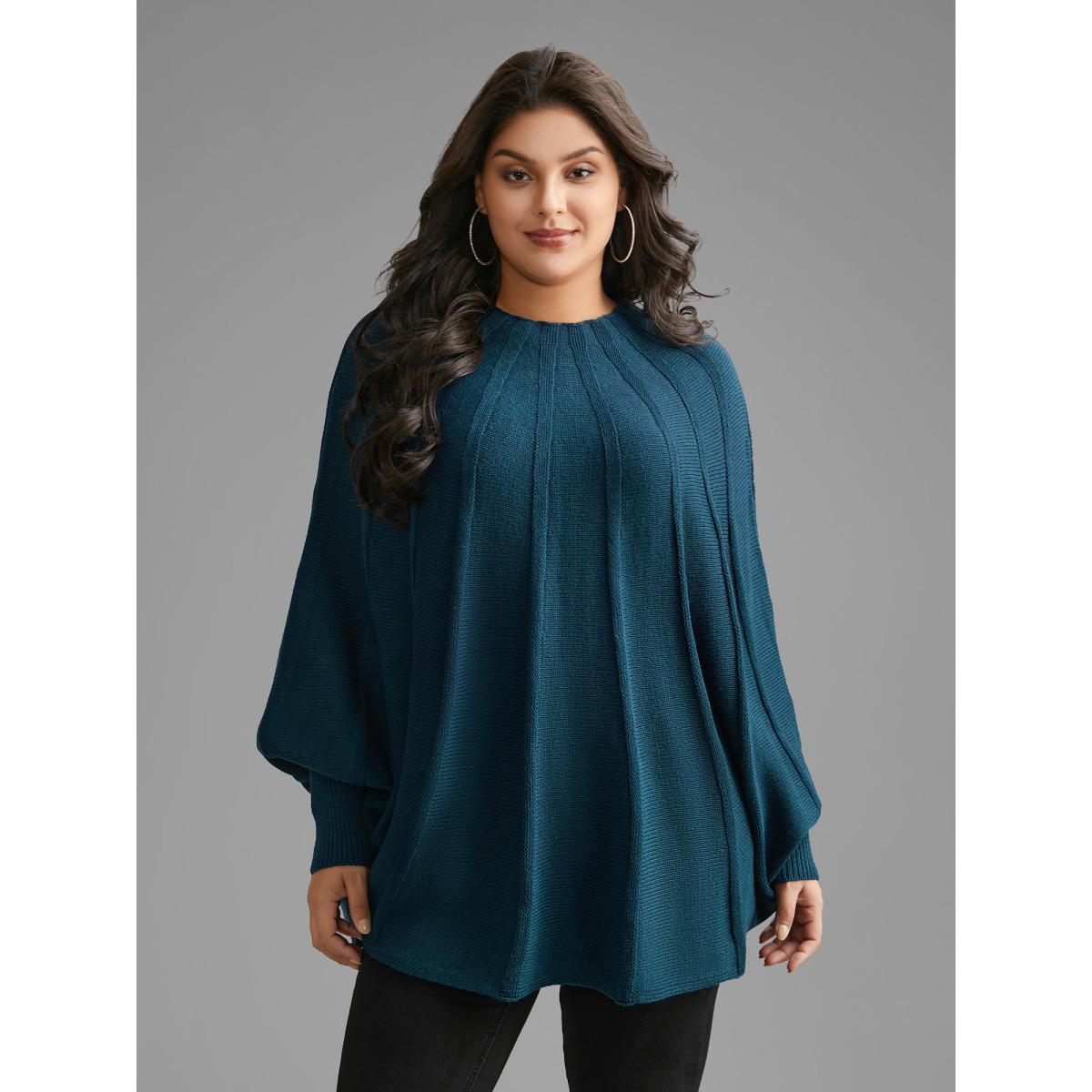 Plus Size Plain Textured Batwing Sleeve Pullover Cyan Women Casual Loose Long Sleeve Round Neck Everyday Pullovers BloomChic 18-20/2X Product Image