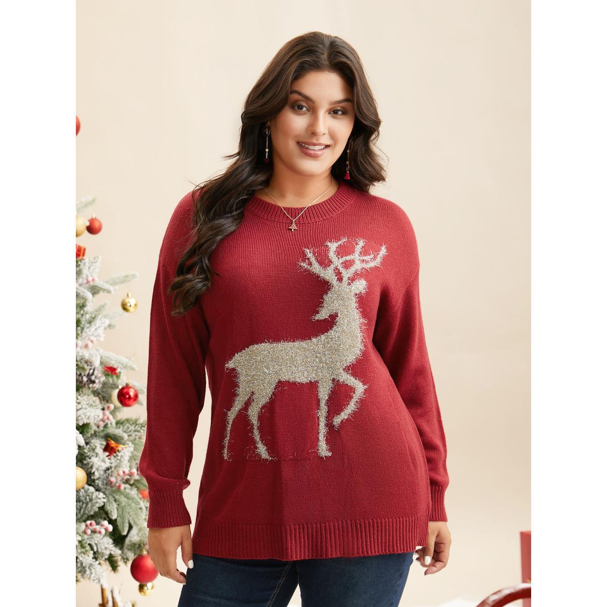 Plus Size Fuzzy Reindeer Motif Crew-Neck Pullover Scarlet Women Casual Loose Long Sleeve Round Neck Everyday Pullovers BloomChic 22-24/3X Product Image