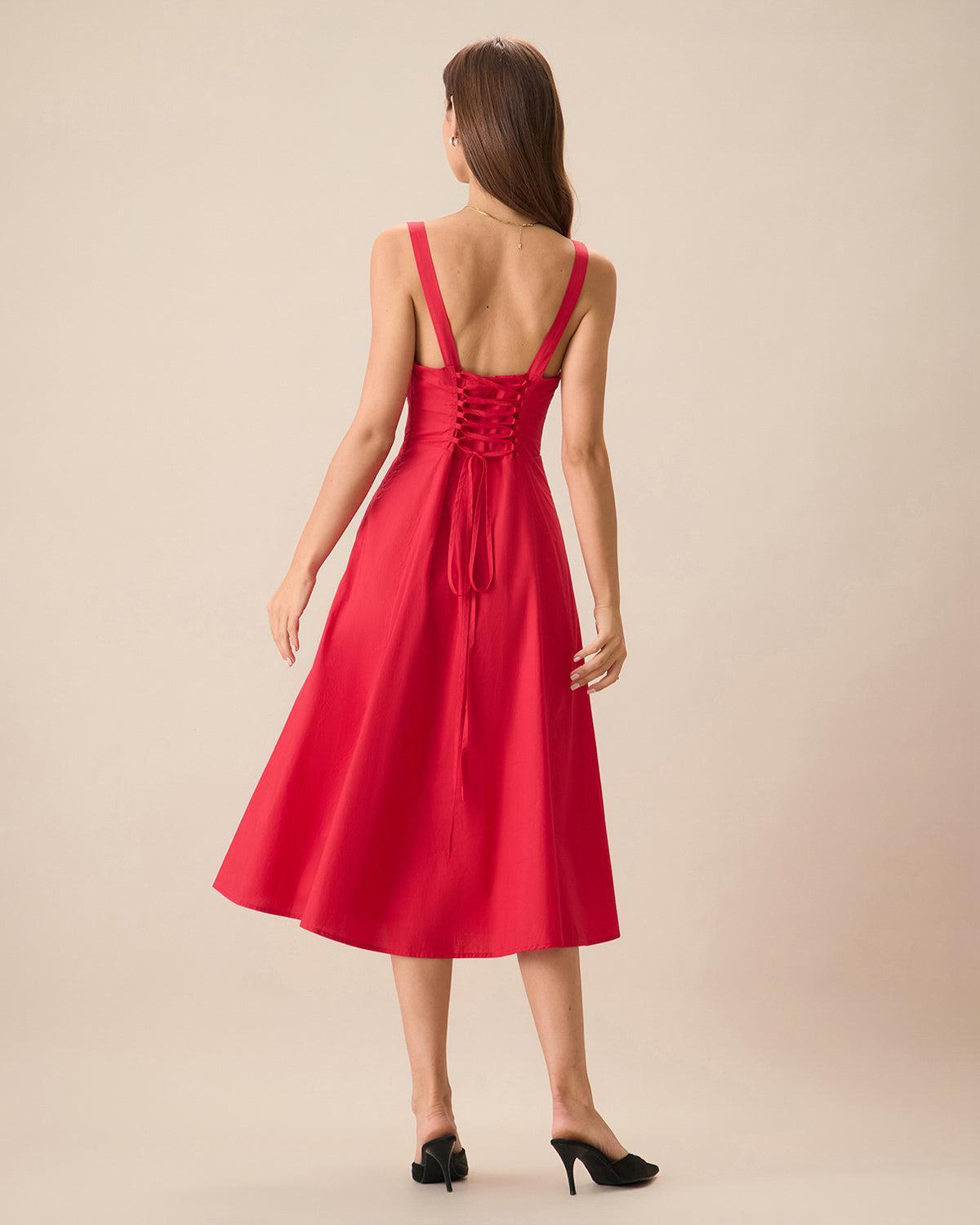Women's Red Square Neck Ruched Slip Midi Dress Female Product Image