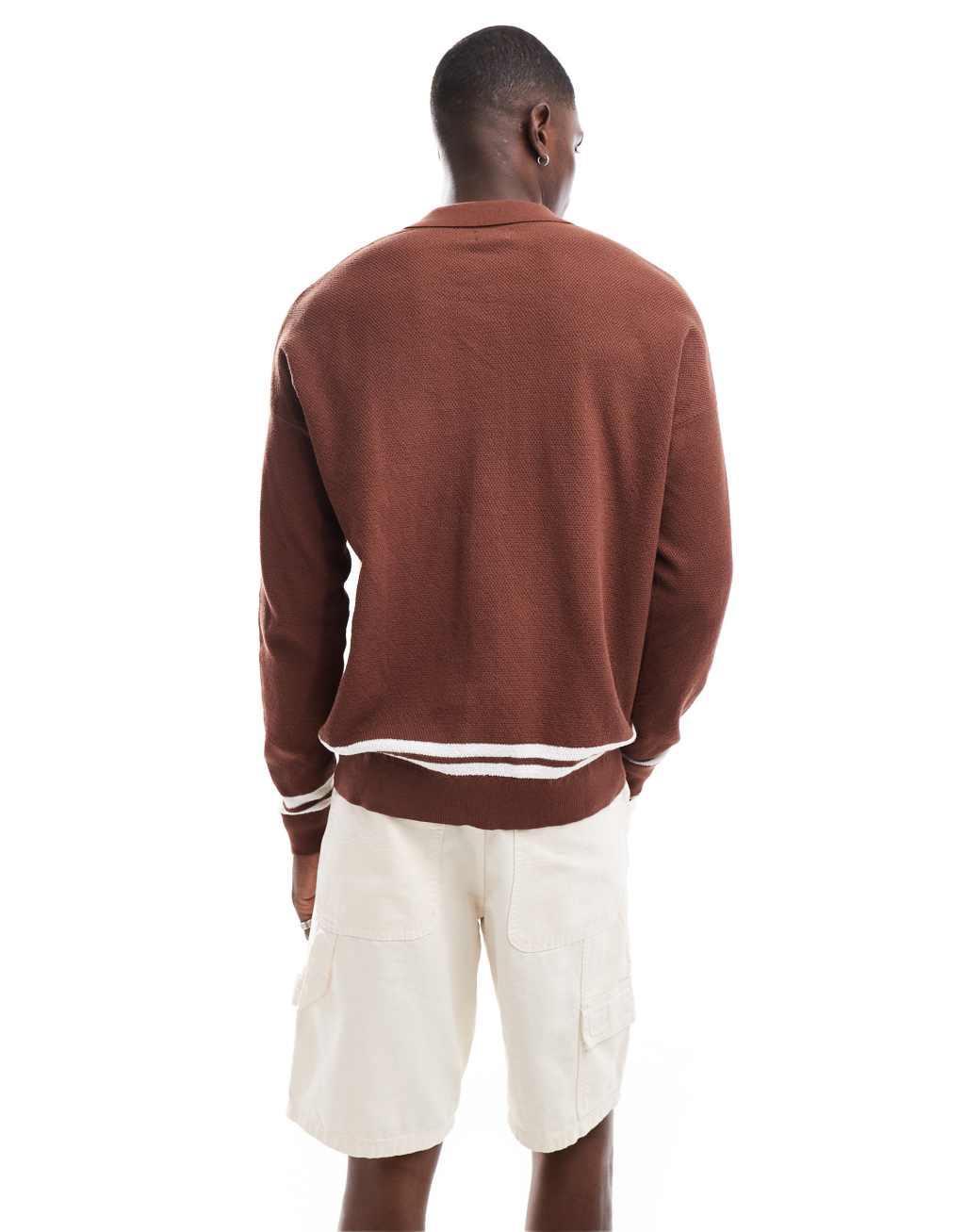 ASOS DESIGN relaxed knit button through polo in brown texture with border Product Image