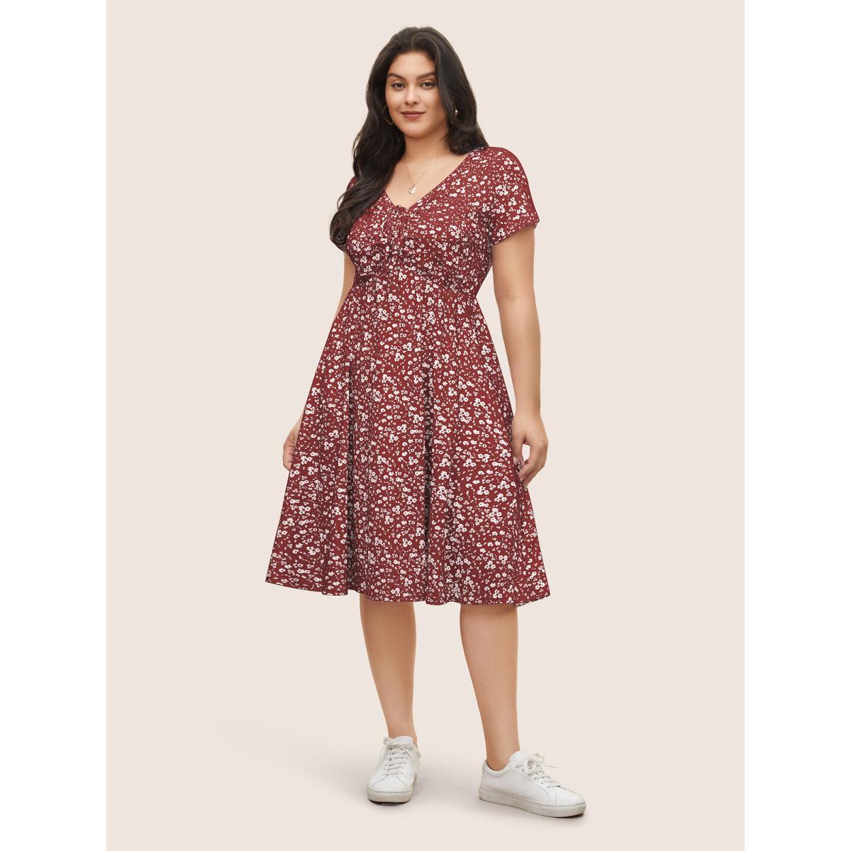 Plus Size Ditsy Floral Elastic Waist Knot Drawstring Dress Russet Women Casual Non V-neck Short sleeve Curvy Midi Dress BloomChic 22-24/3X Product Image