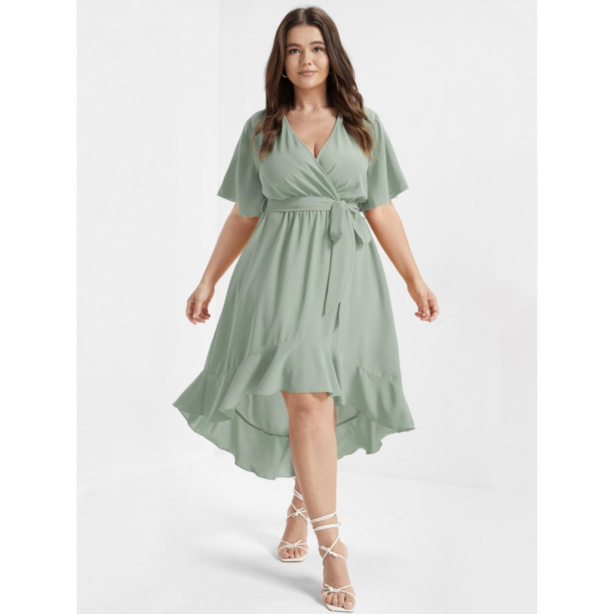 Plus Size Bloom Dress - Solid Tie Surplice Ruffle High Low Dress LightGreen Women Elegant Cross straps V-neck Short sleeve Curvy Midi Dress BloomChic 16/1X Product Image