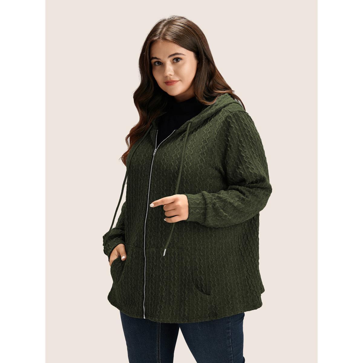 Plus Size Plain Textured Zipper Hooded Sweatshirt Women ArmyGreen Casual Non Hooded Everyday Sweatshirts BloomChic 14-16/1X Product Image