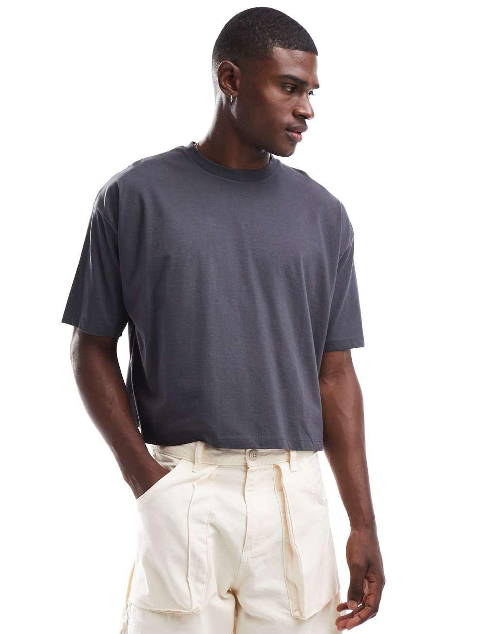ASOS DESIGN oversized cropped t-shirt in charcoal with cherubs back print Product Image