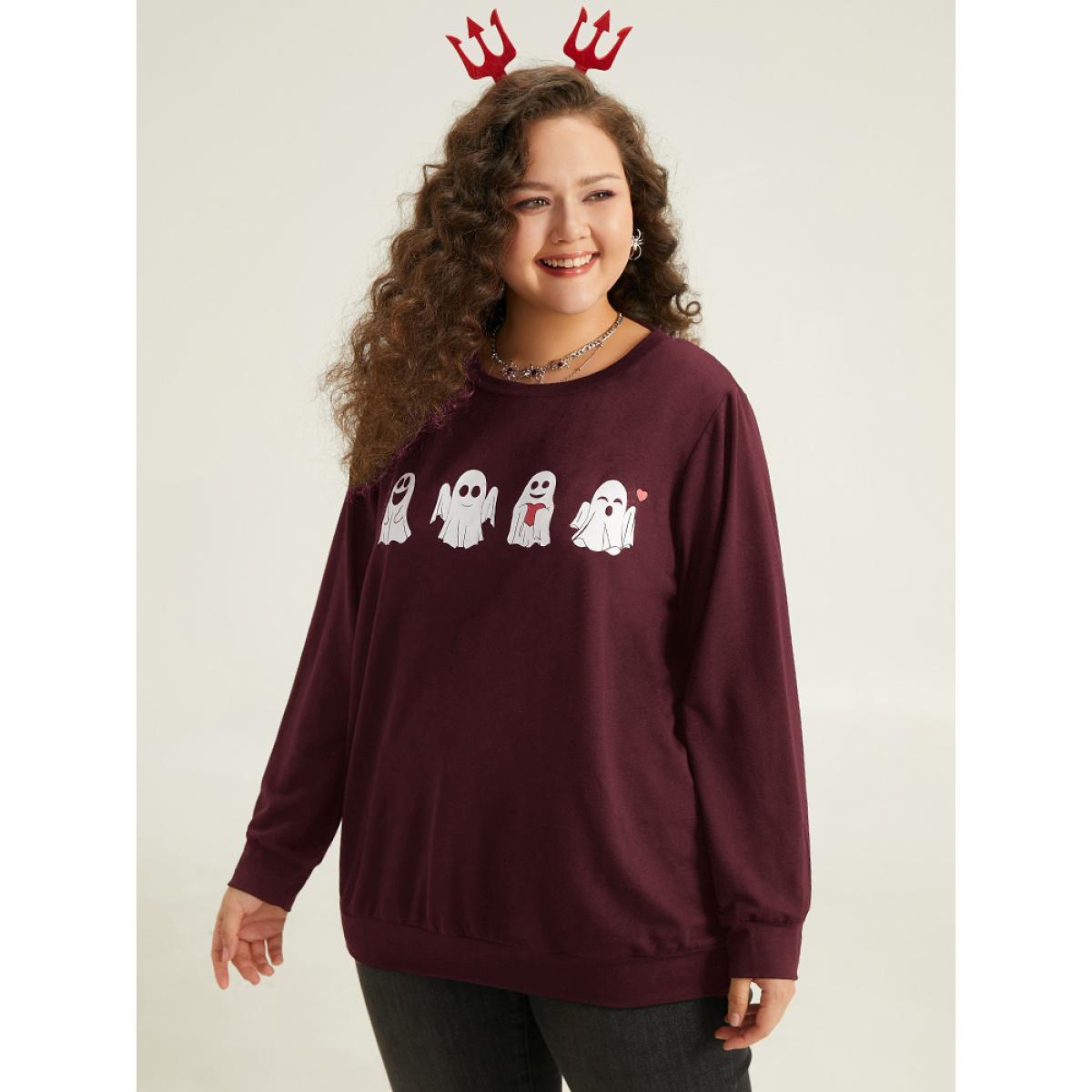 Plus Size Halloween Print Crew Neck Sweatshirt Women Burgundy Casual Printed Festival-Halloween Sweatshirts BloomChic 10/M Product Image